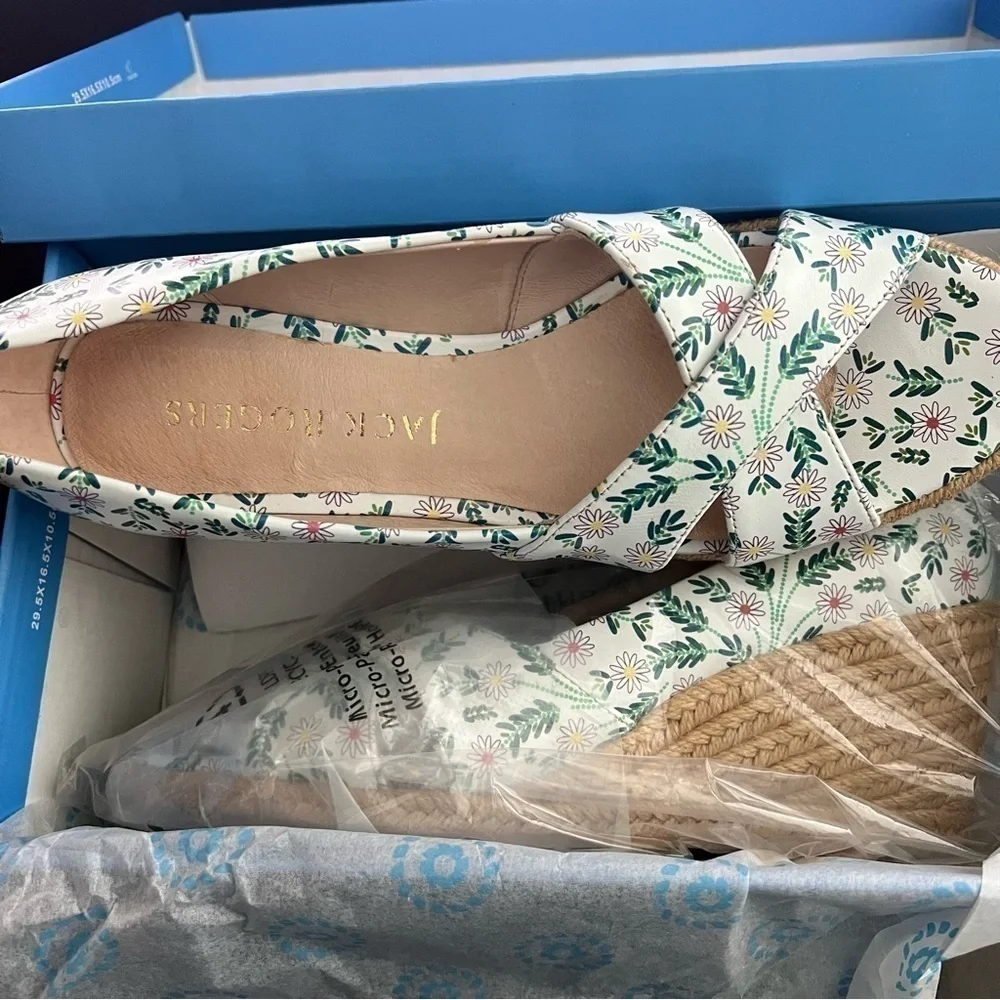 Jack Rogers Criss-Cross Wedge Espadrilles - Palmer White Daisy, New with Box